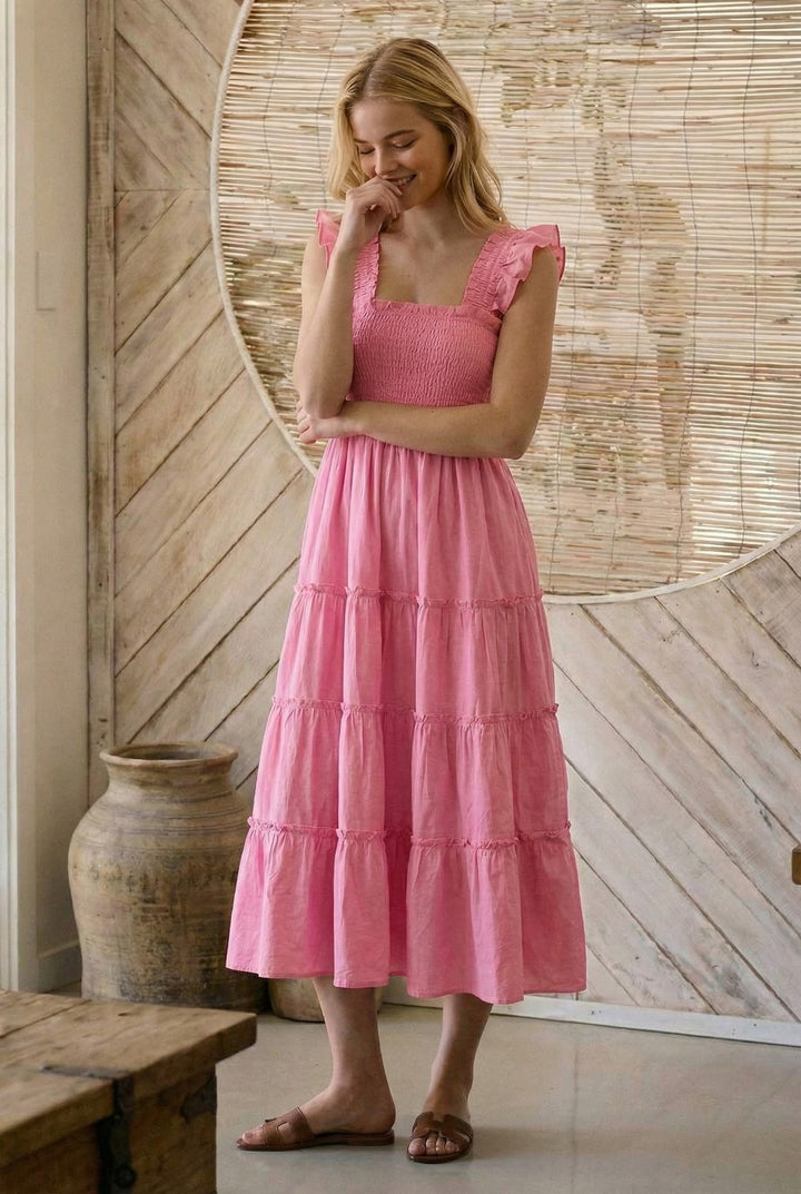 striped smocked cotton midi dress - pink