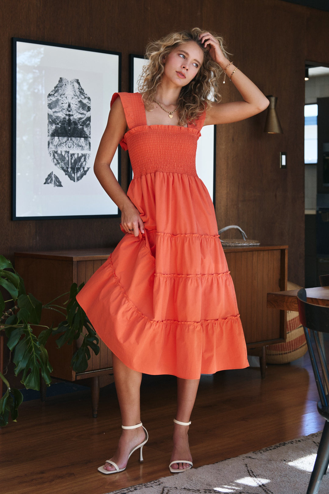 striped smocked cotton midi dress - vintage orange (additional view)