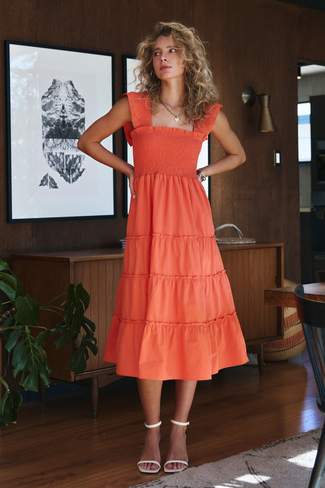 striped smocked cotton midi dress - vintage orange (additional view)