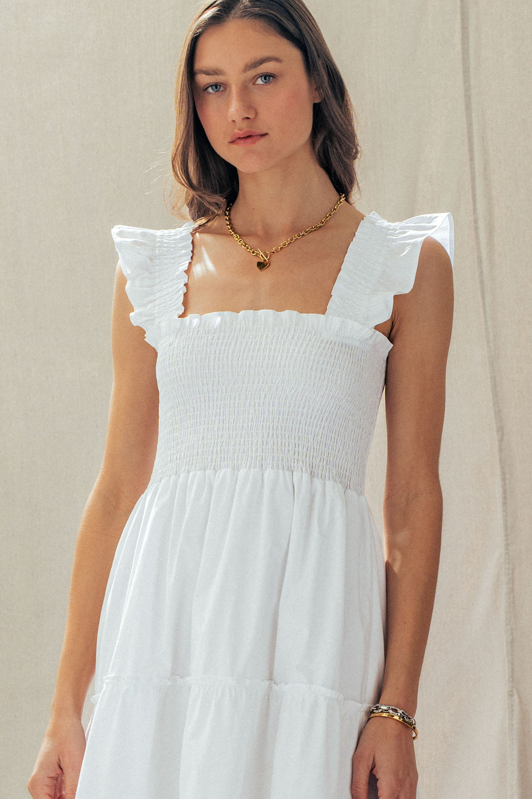 striped smocked cotton midi dress - white (additional view)