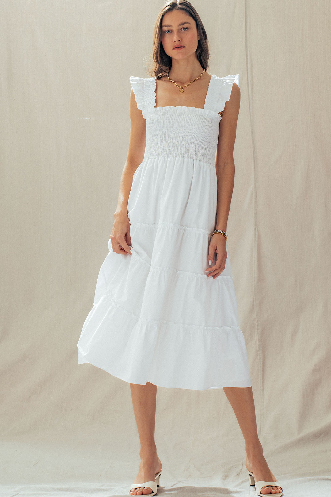 striped smocked cotton midi dress - white (additional view)