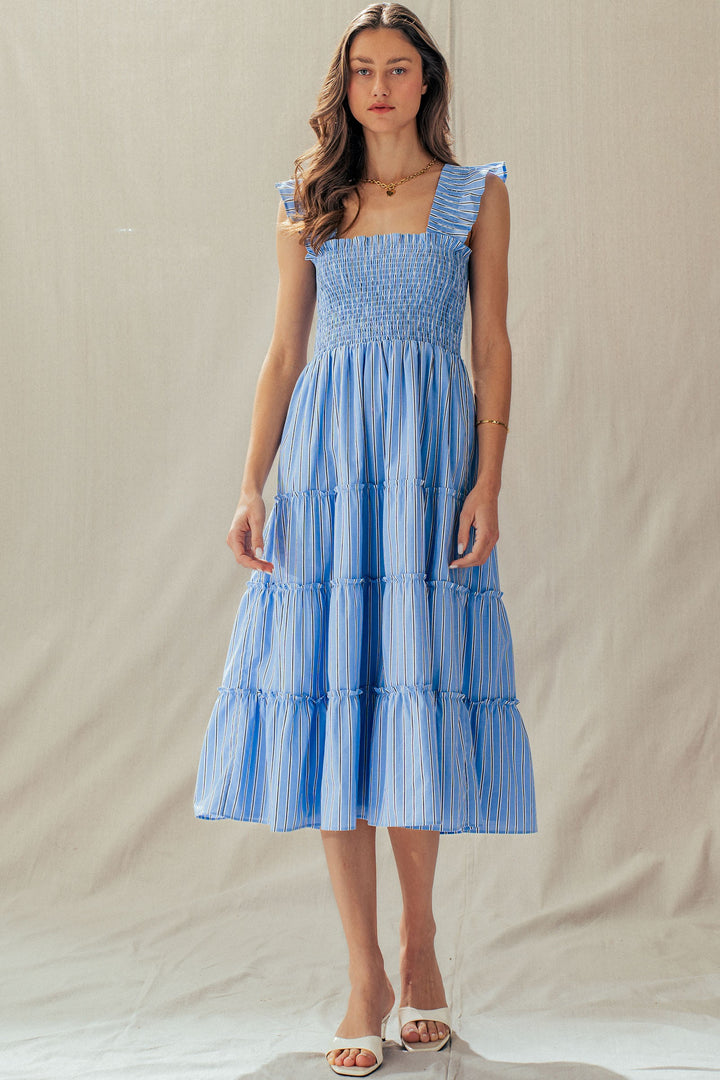 striped smocked cotton midi dress - blue stripe (additional view)