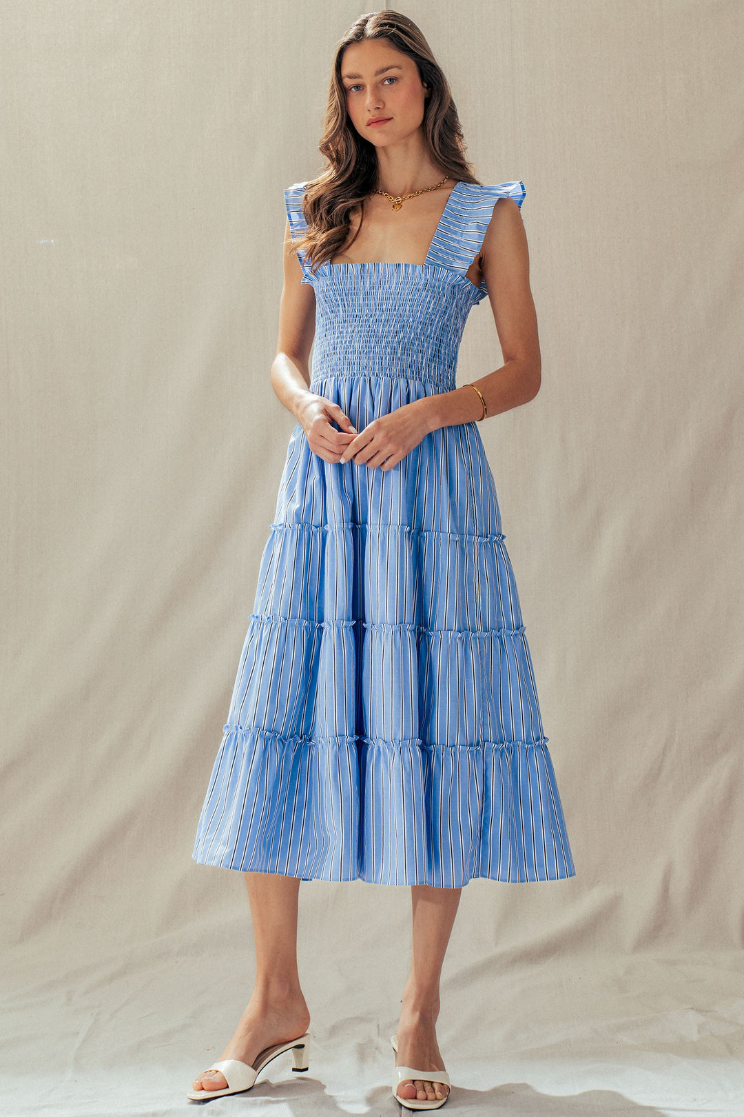 striped smocked cotton midi dress - blue stripe (additional view)