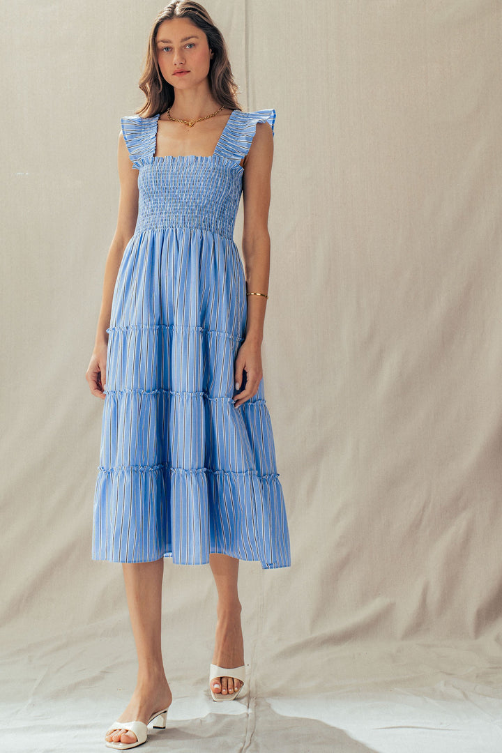 striped smocked cotton midi dress - blue stripe (additional view)