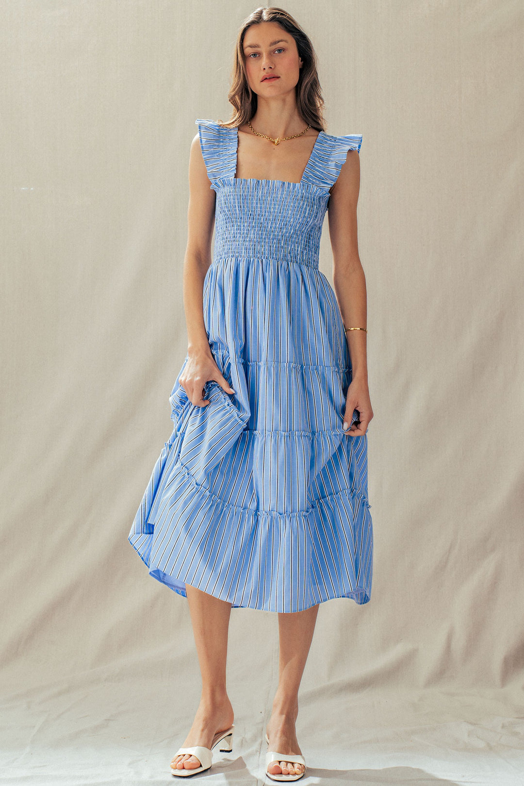 striped smocked cotton midi dress - blue stripe (additional view)