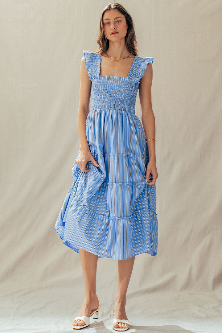 striped smocked cotton midi dress - blue stripe (additional view)