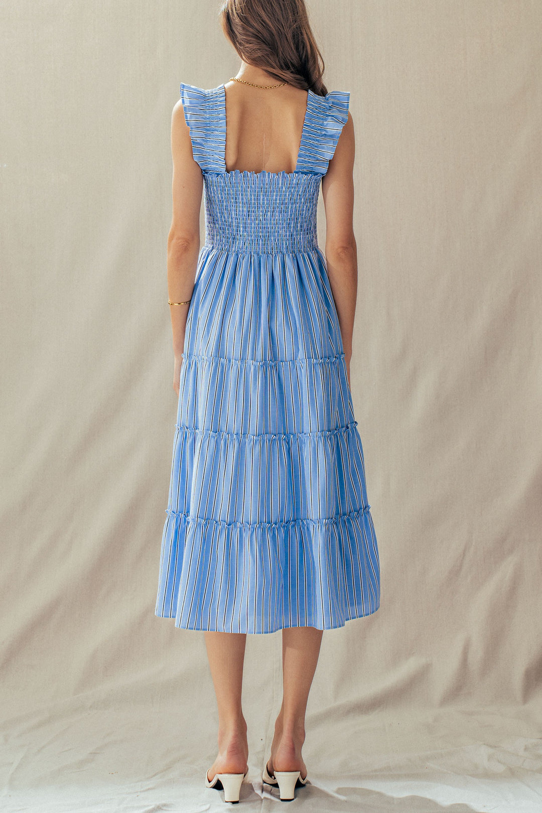 striped smocked cotton midi dress - blue stripe (additional view)
