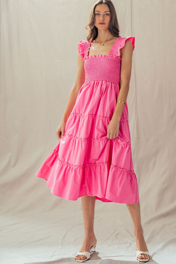 striped smocked cotton midi dress - pink