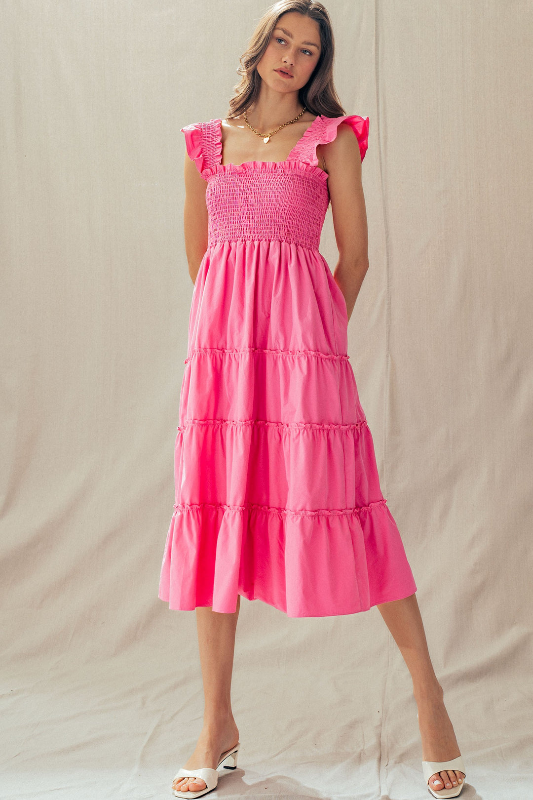 striped smocked cotton midi dress - pink (additional view)