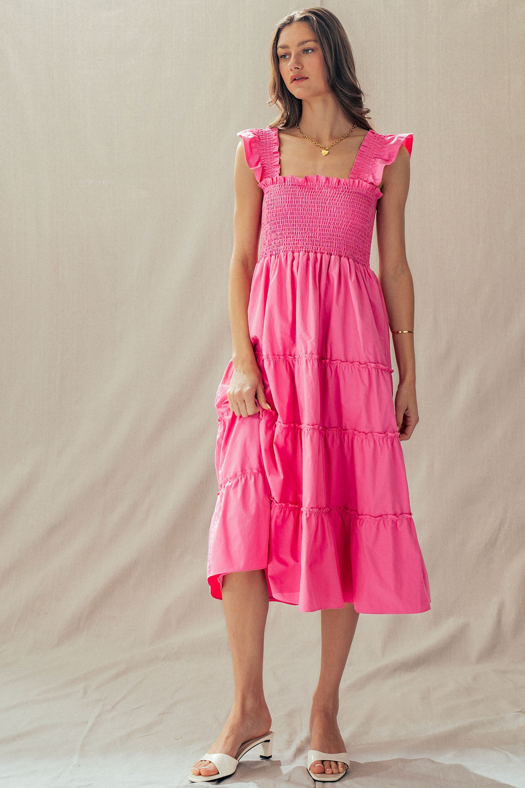 striped smocked cotton midi dress - pink (additional view)