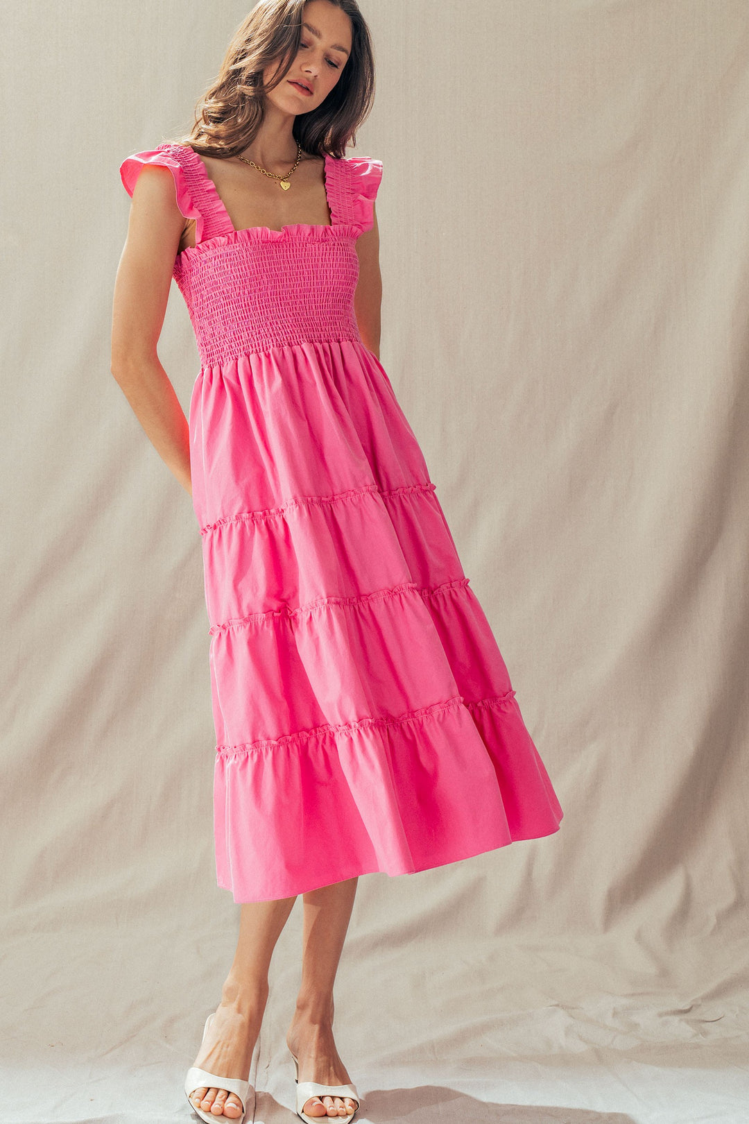 striped smocked cotton midi dress - pink (additional view)