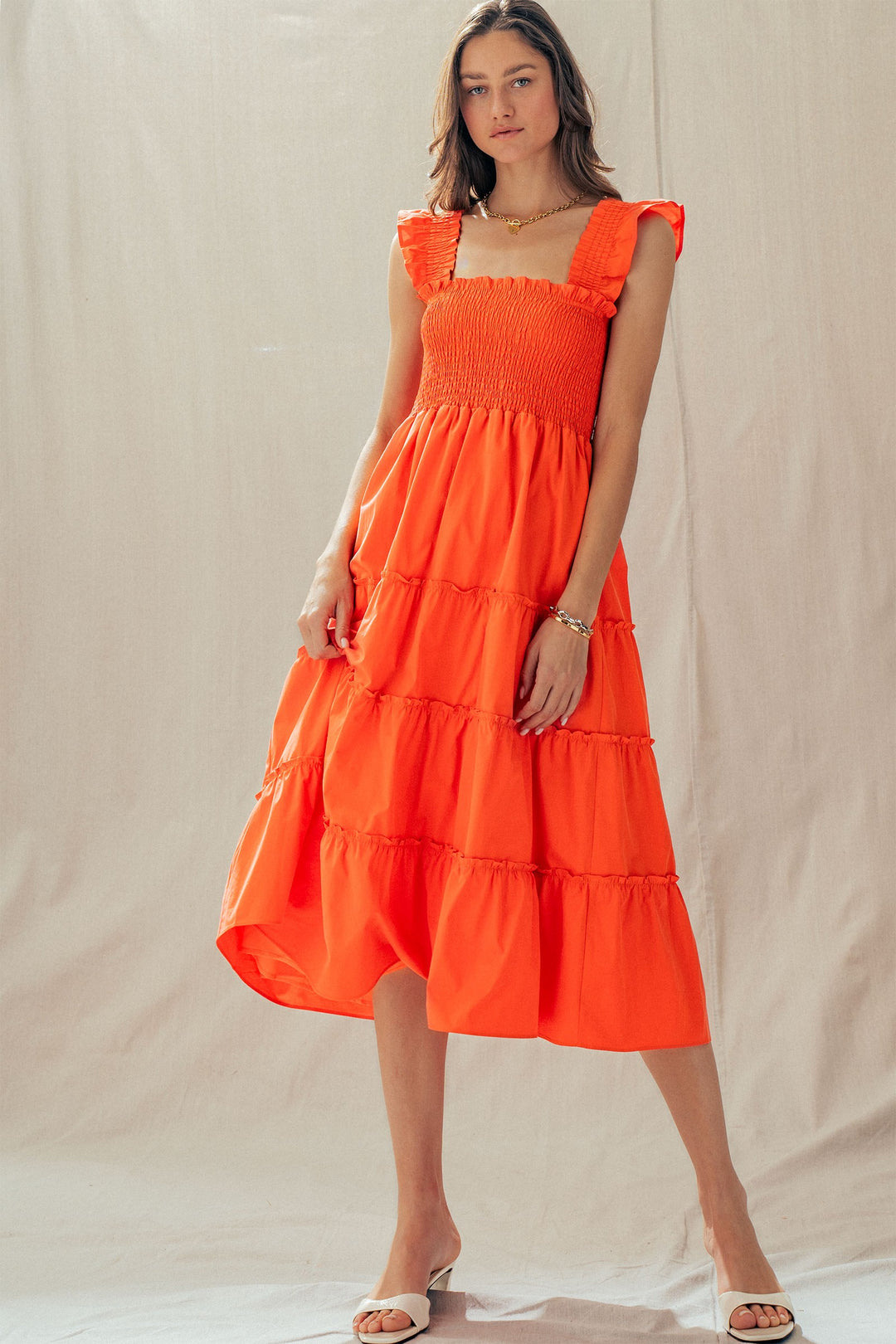 striped smocked cotton midi dress - vintage orange (additional view)