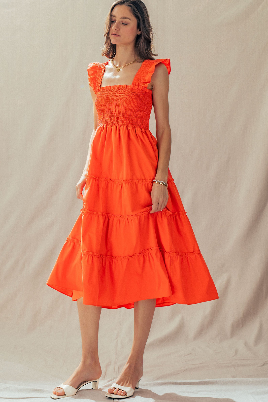 striped smocked cotton midi dress - vintage orange (additional view)