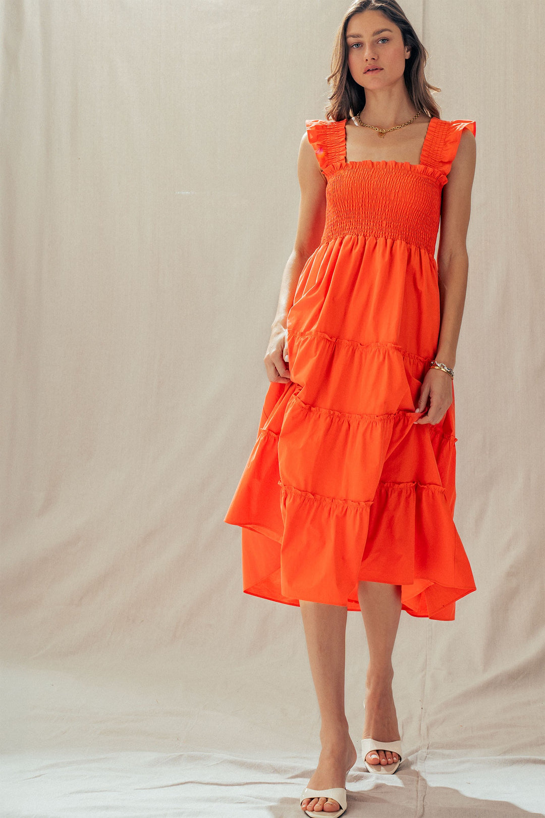 striped smocked cotton midi dress - vintage orange (additional view)