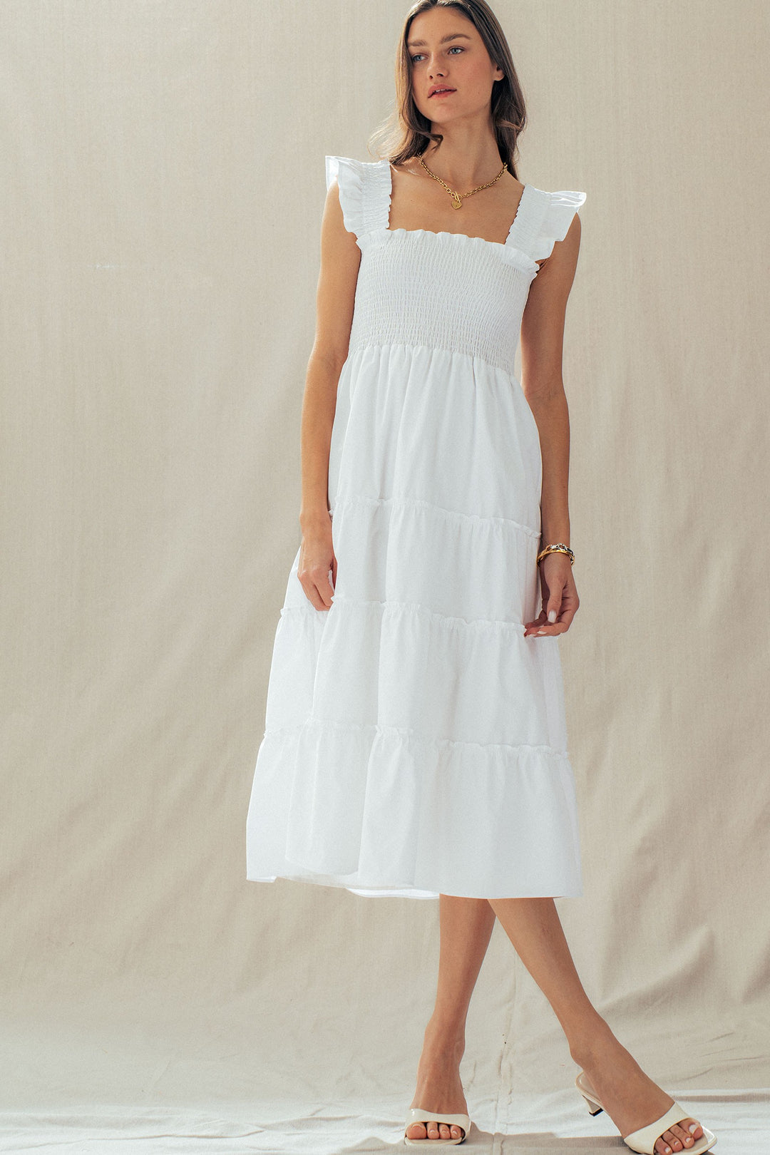 striped smocked cotton midi dress - white