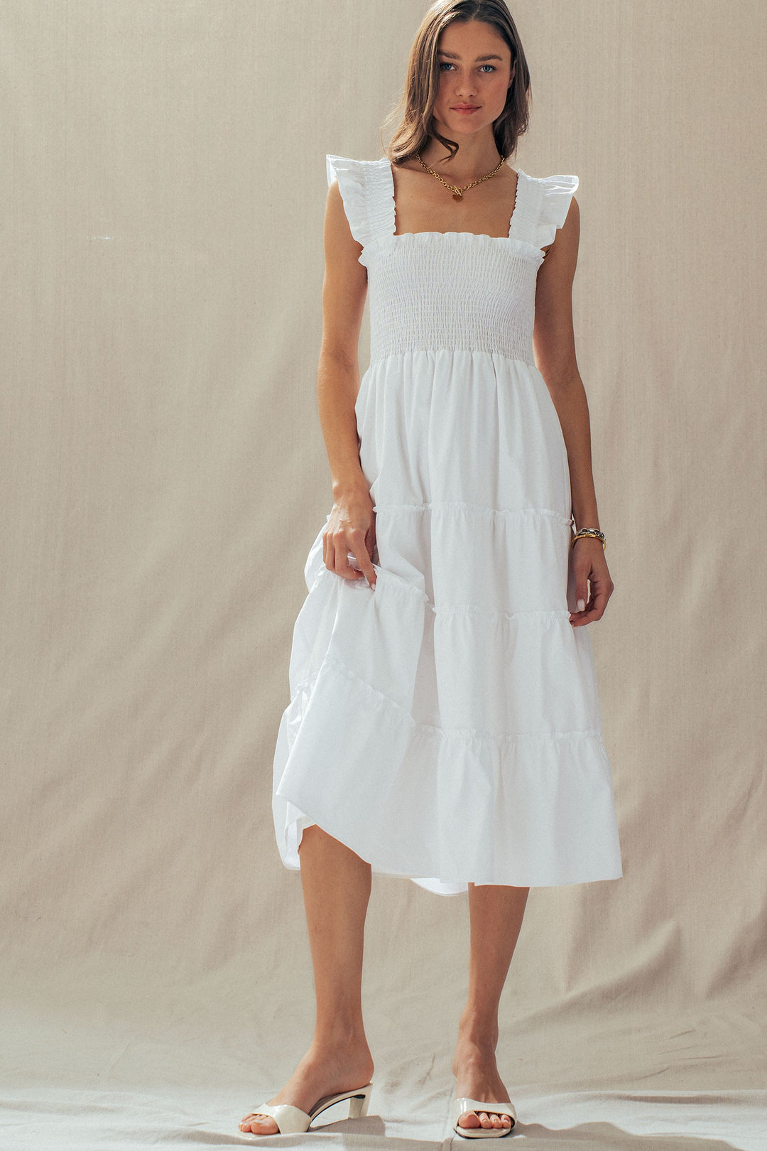 striped smocked cotton midi dress - white (additional view)