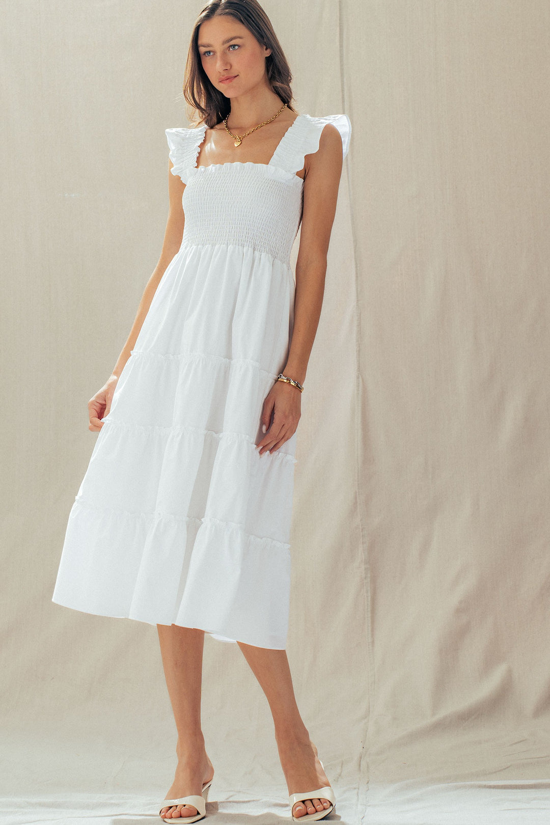 striped smocked cotton midi dress - white (additional view)