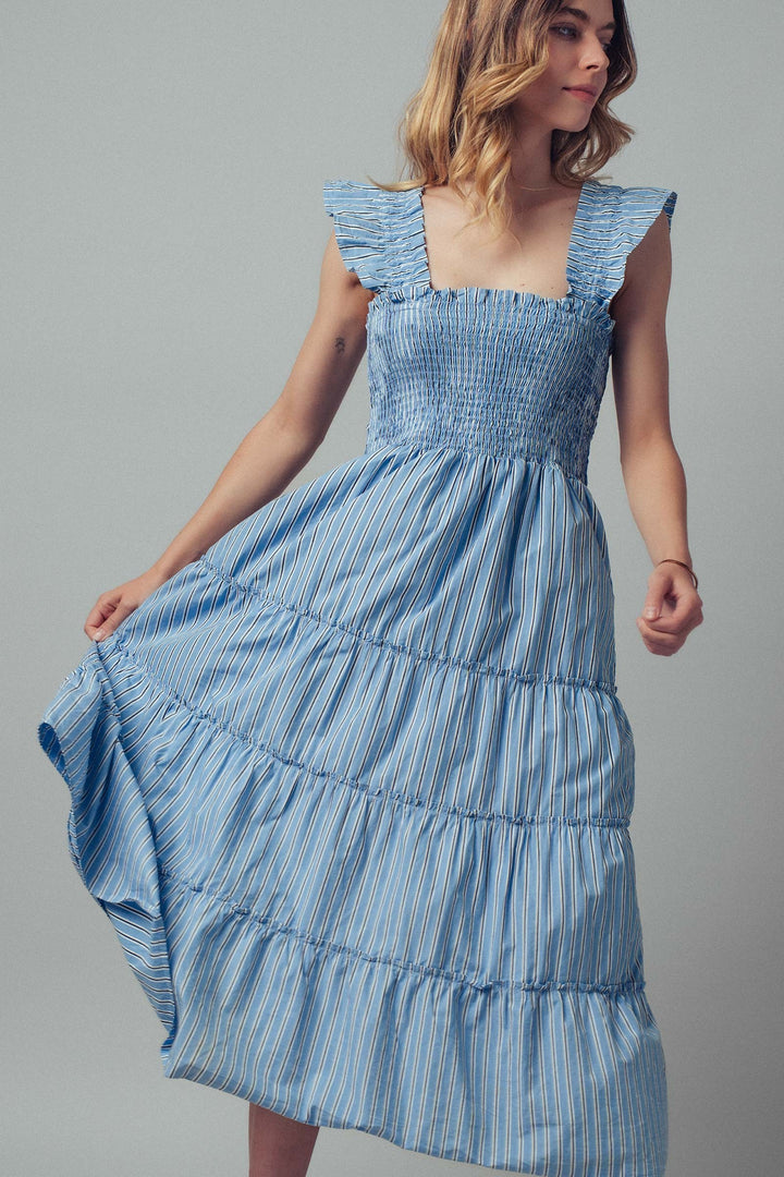 smocked cotton midi dress - blue stripe (additional view)