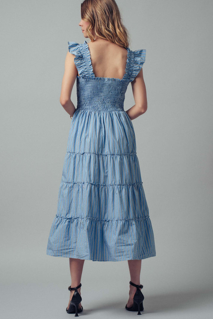 smocked cotton midi dress - blue stripe (additional view)