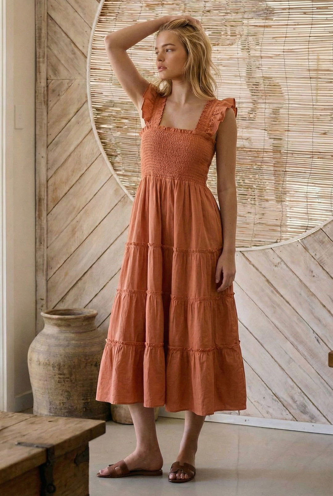 smocked cotton midi dress - vintage orange