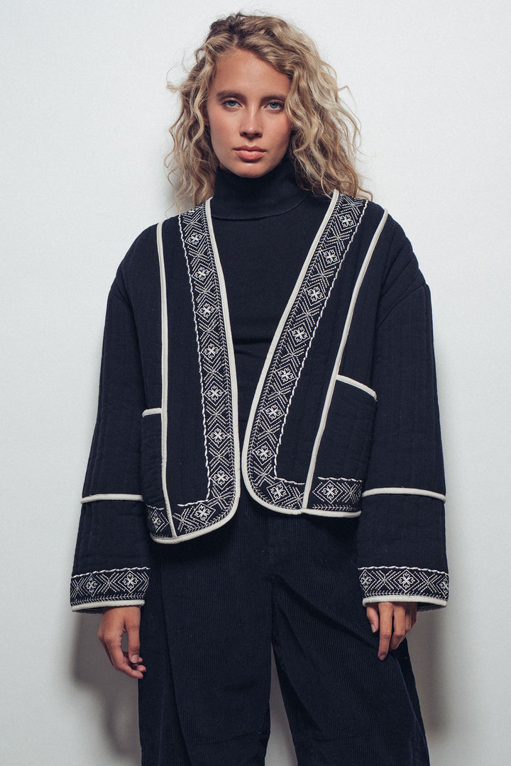 embroidered padded jacket with black trim details - black ivory