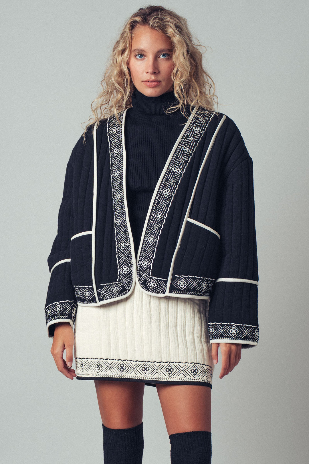 embroidered padded jacket with black trim details - black ivory (additional view)