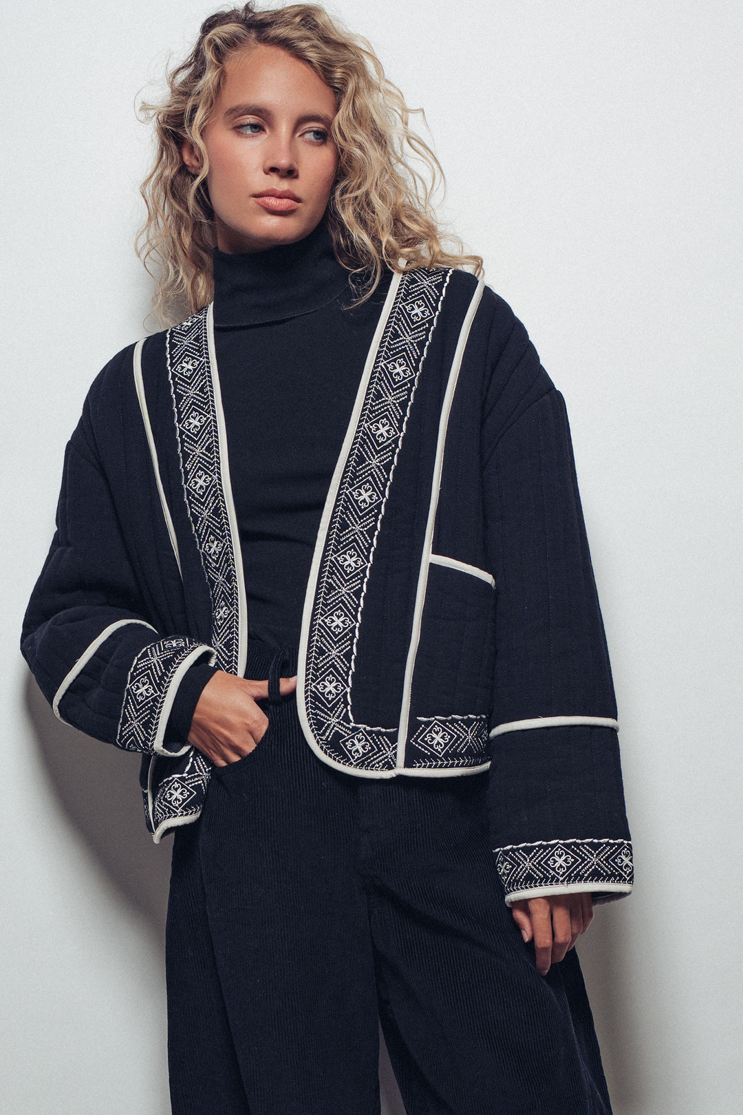 embroidered padded jacket with black trim details - black ivory (additional view)