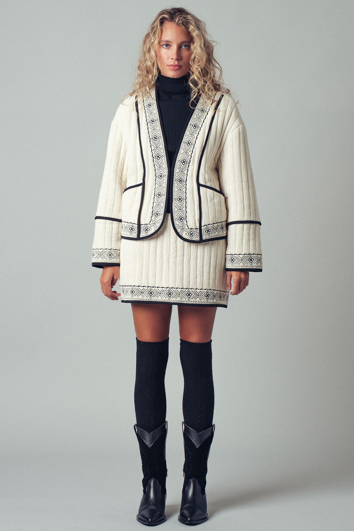 embroidered padded jacket with black trim details - ivory black