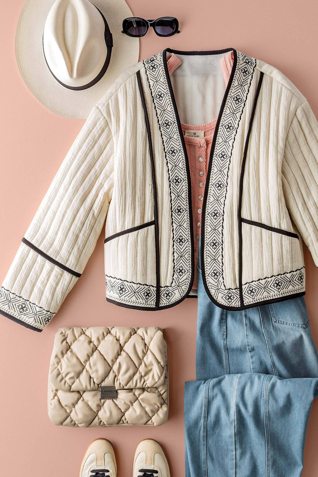 embroidered padded jacket with black trim details - ivory black
