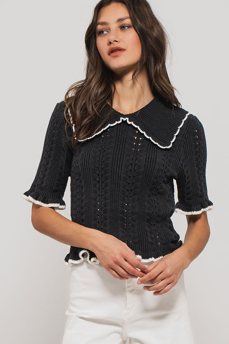 sweetheart collar crochet knit top - black
