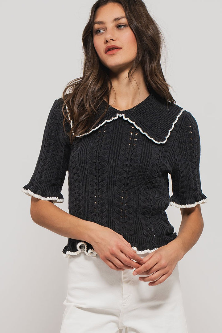 sweetheart collar crochet knit top - black
