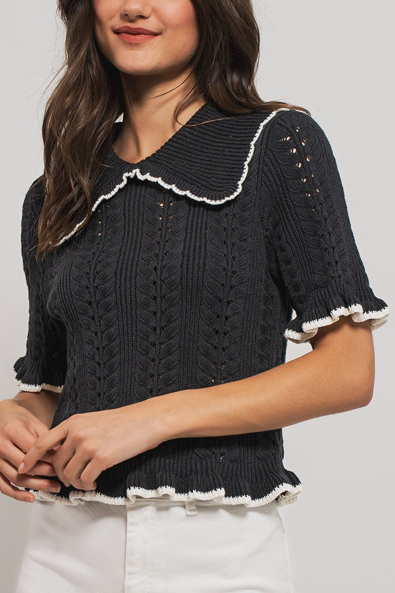 sweetheart collar crochet knit top - black (additional view)
