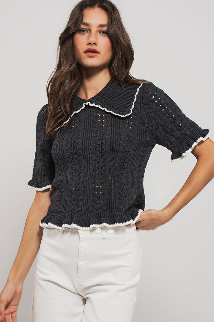 sweetheart collar crochet knit top - black (additional view)