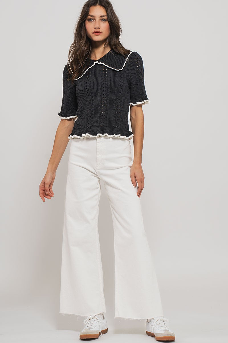 sweetheart collar crochet knit top - black (additional view)