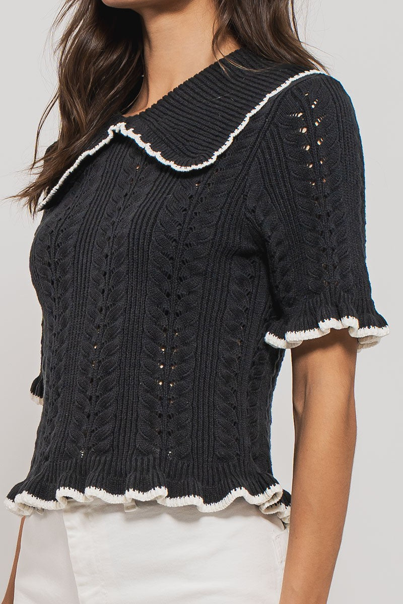 sweetheart collar crochet knit top - black (additional view)