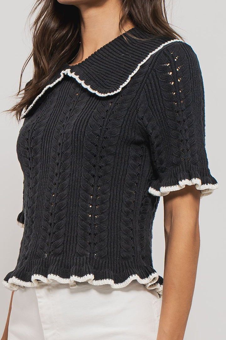 sweetheart collar crochet knit top - black (additional view)