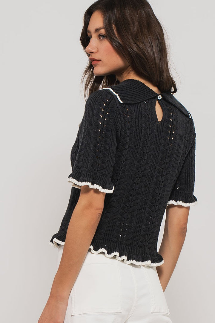sweetheart collar crochet knit top - black (additional view)