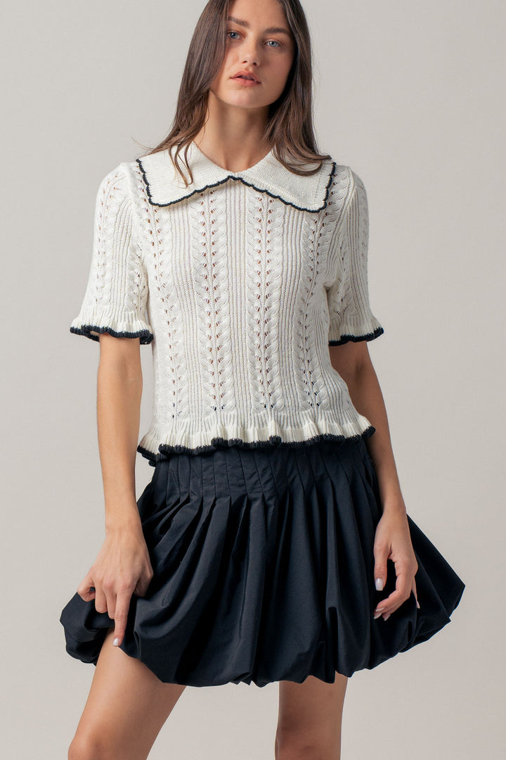 sweetheart collar crochet knit top - whiteblack