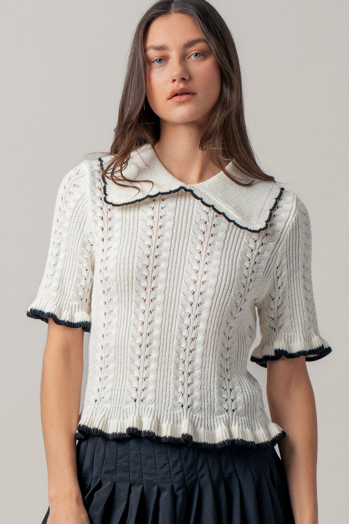 sweetheart collar crochet knit top - whiteblack (additional view)