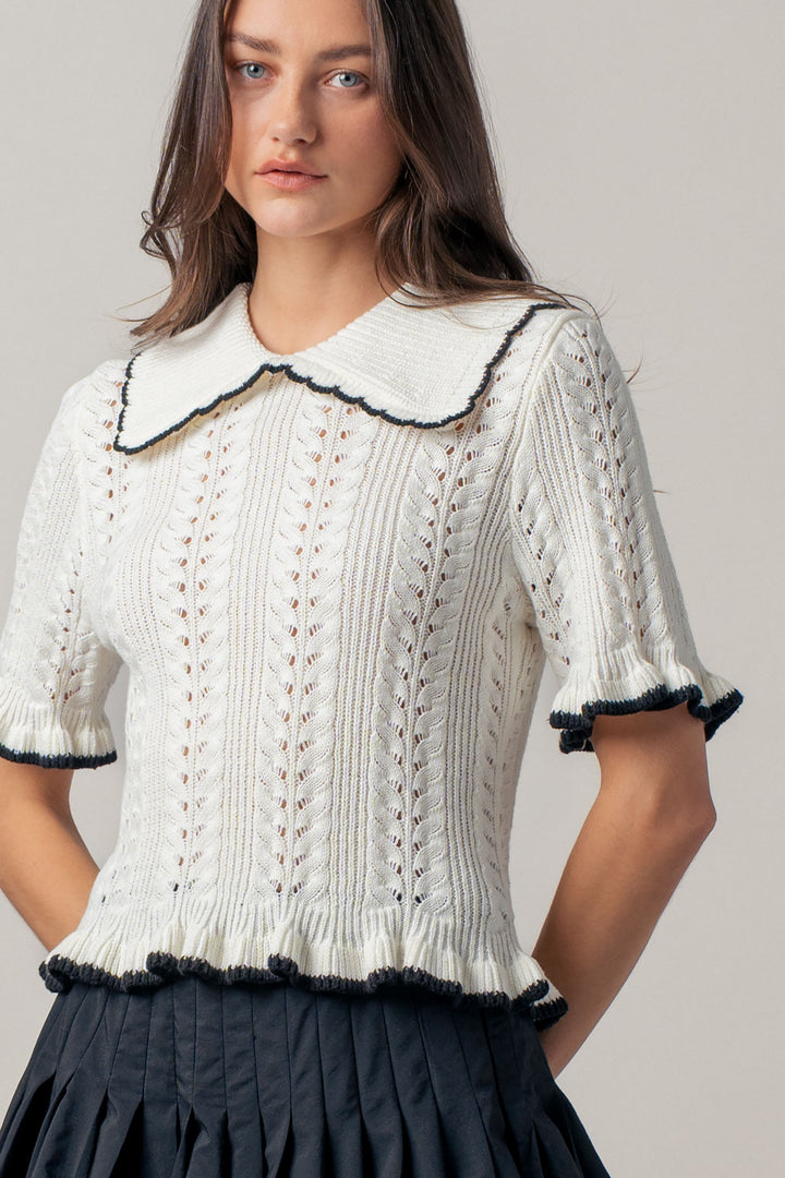 sweetheart collar crochet knit top - whiteblack (additional view)