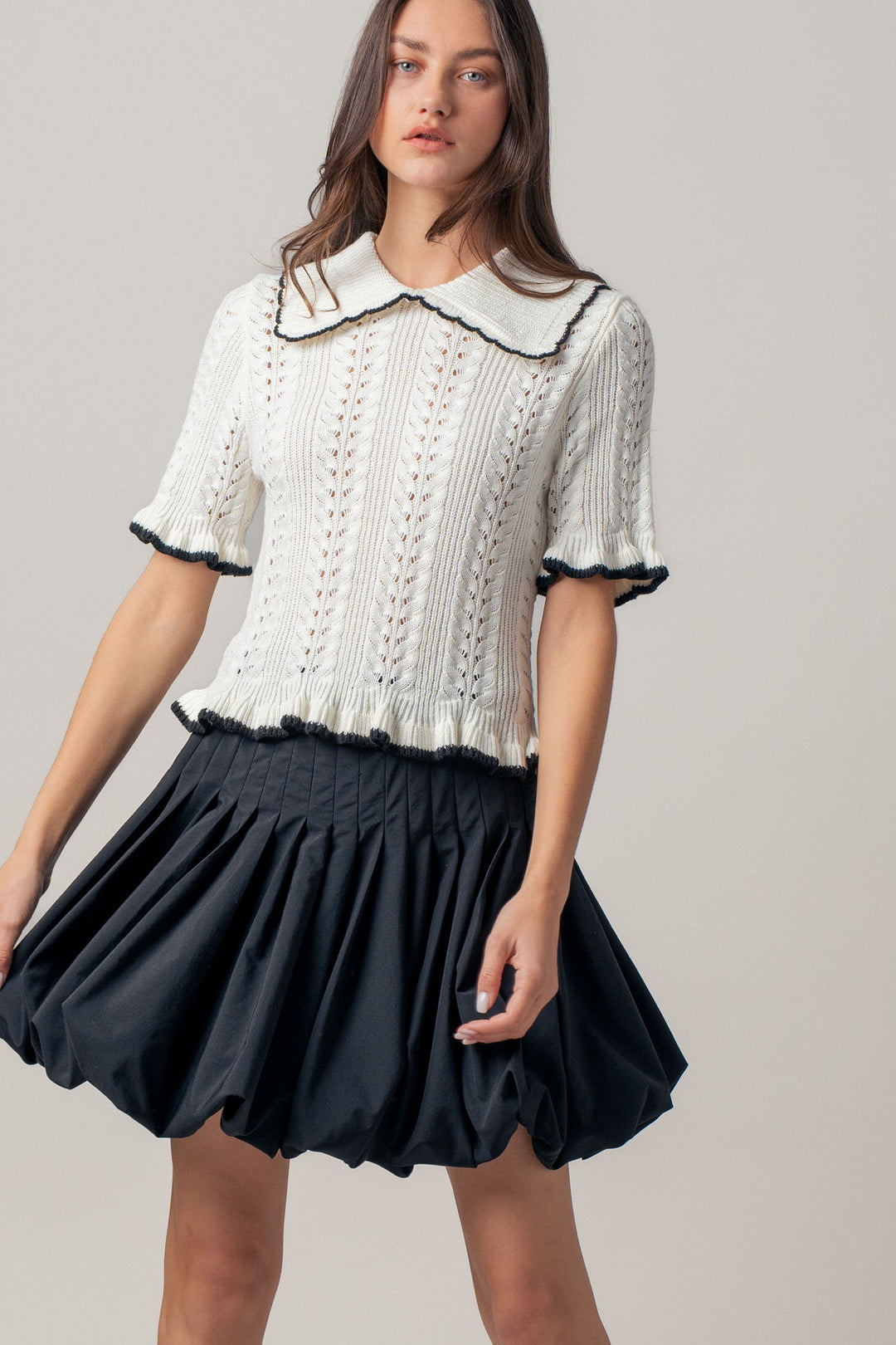sweetheart collar crochet knit top - whiteblack (additional view)