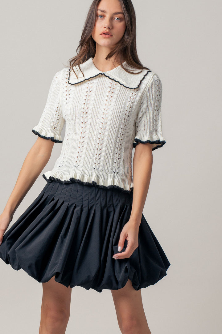 sweetheart collar crochet knit top - whiteblack (additional view)