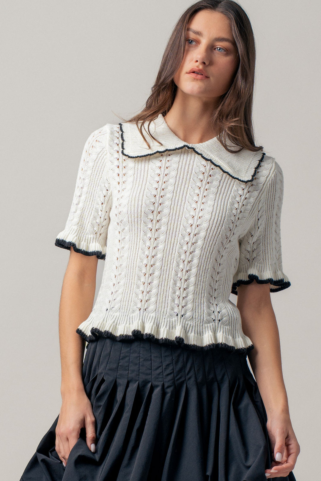 sweetheart collar crochet knit top - whiteblack (additional view)