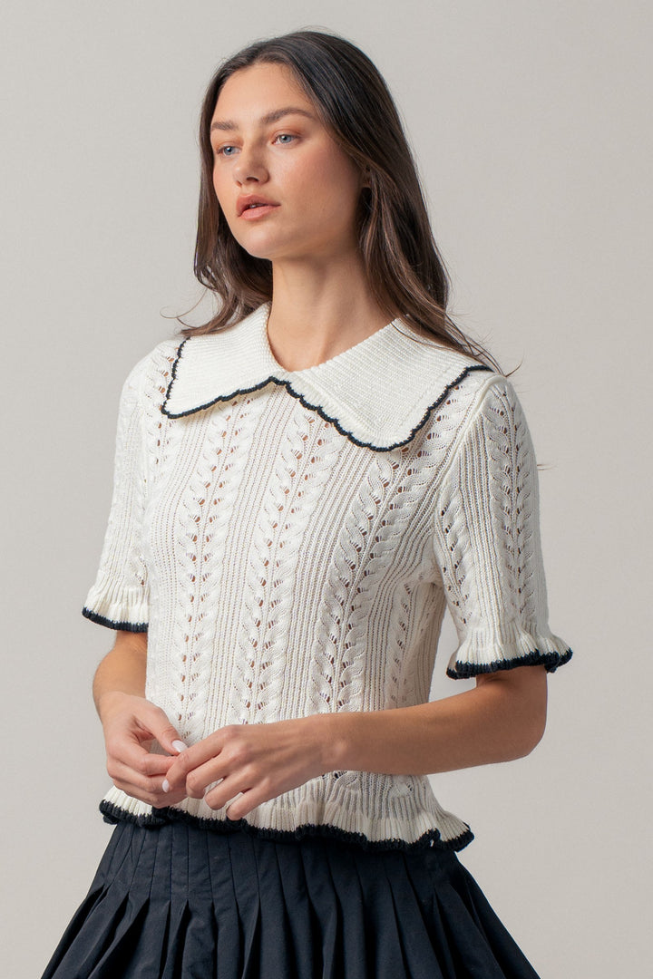 sweetheart collar crochet knit top - whiteblack (additional view)
