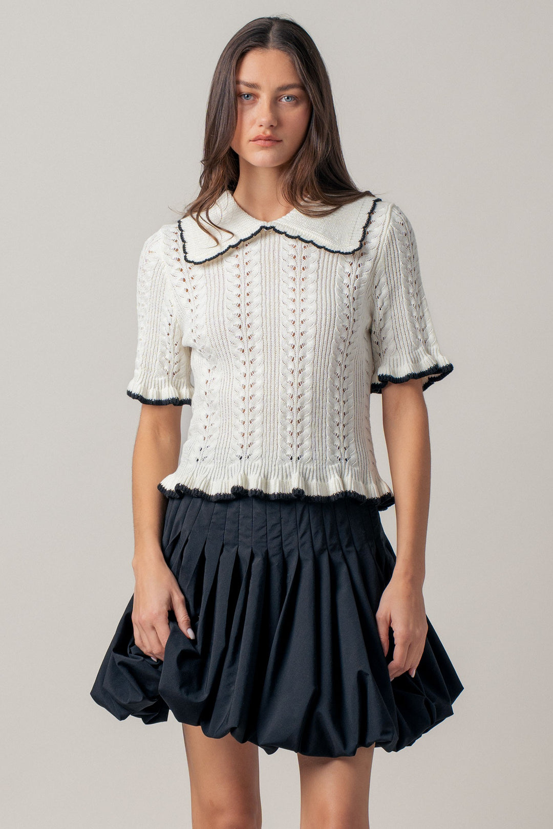sweetheart collar crochet knit top - whiteblack (additional view)
