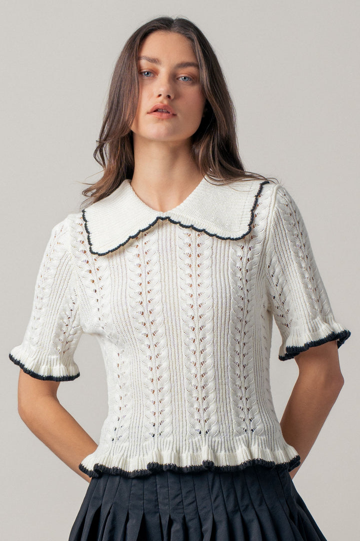 sweetheart collar crochet knit top - whiteblack (additional view)