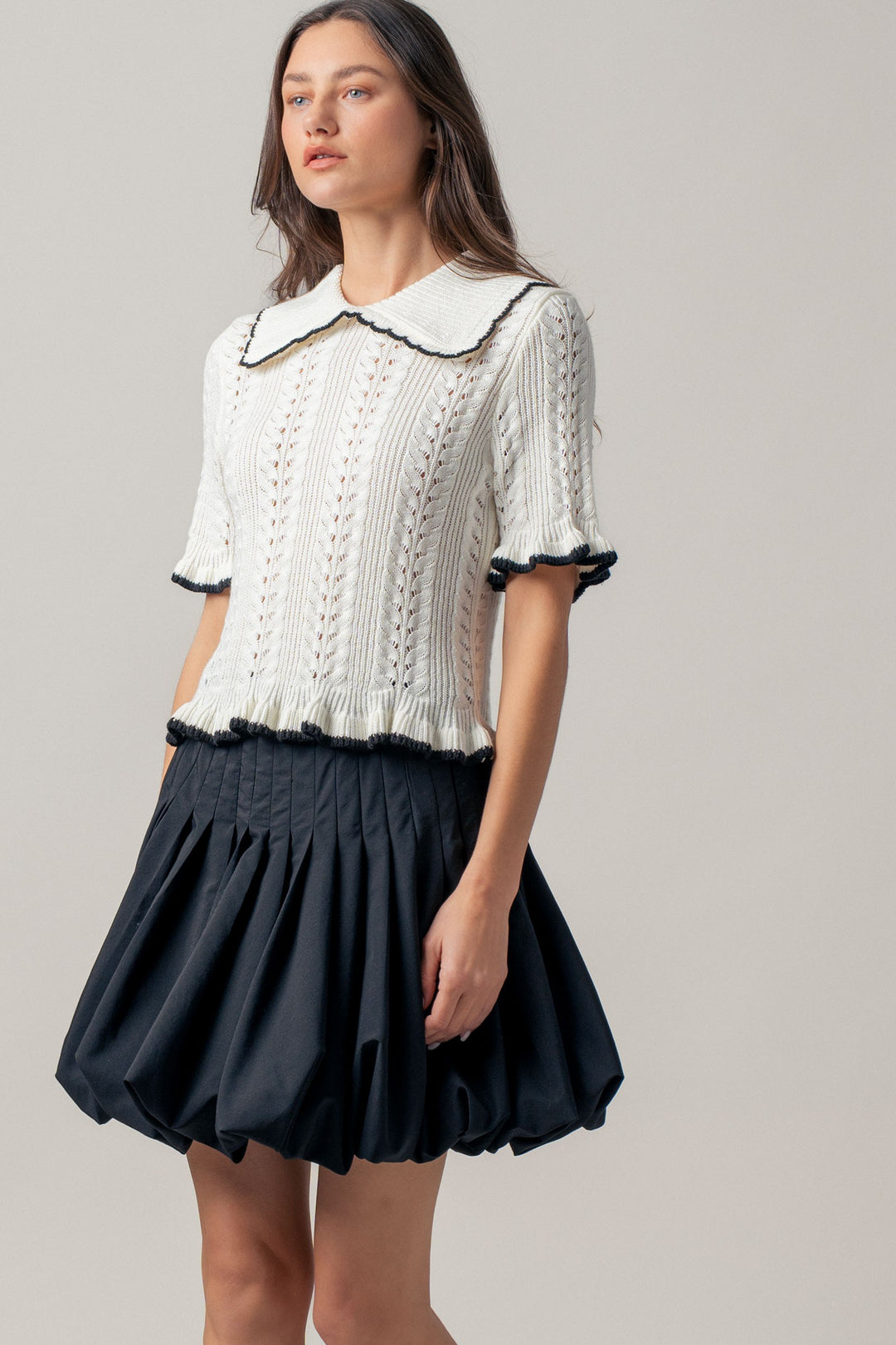 sweetheart collar crochet knit top - whiteblack (additional view)