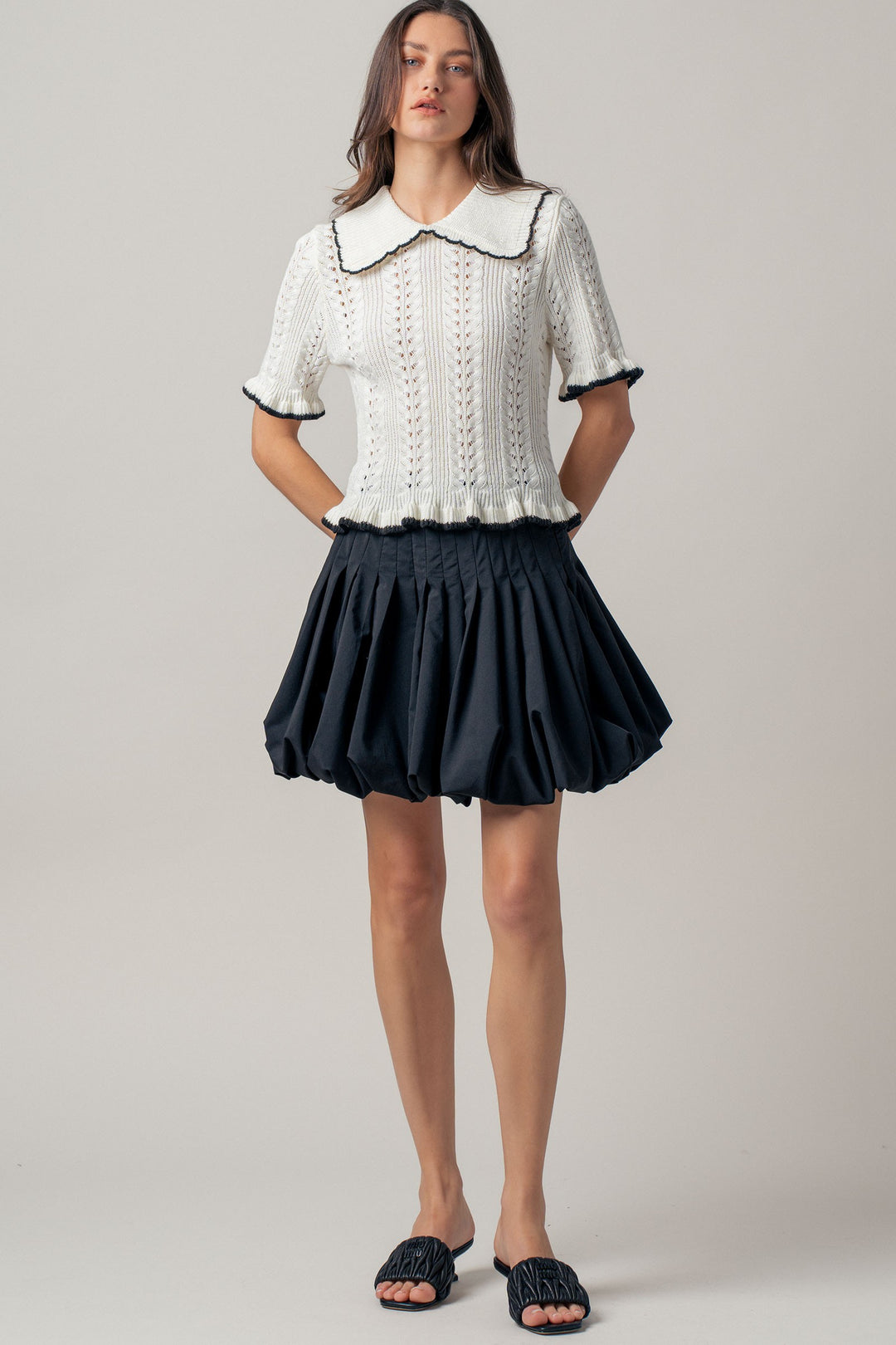 sweetheart collar crochet knit top - whiteblack (additional view)