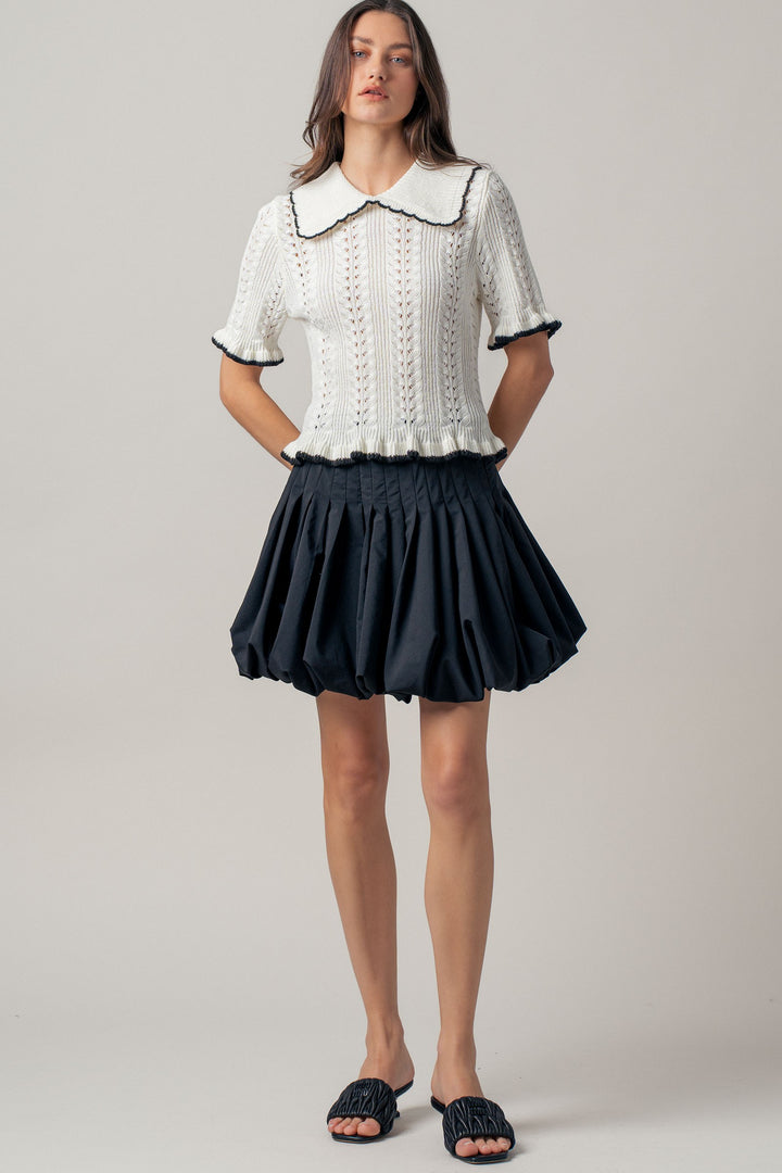 sweetheart collar crochet knit top - whiteblack (additional view)