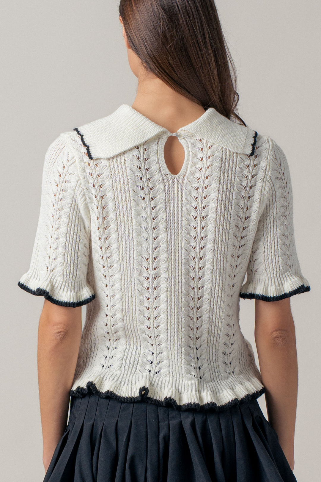 sweetheart collar crochet knit top - whiteblack (additional view)